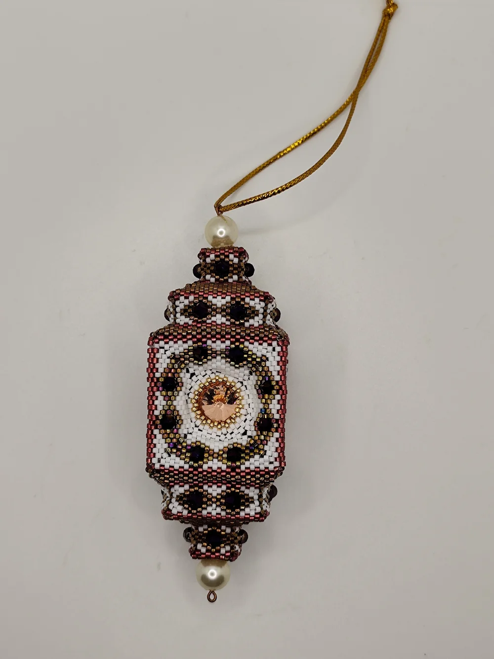 Beaded  Ornament in White, Rose Gold & Black